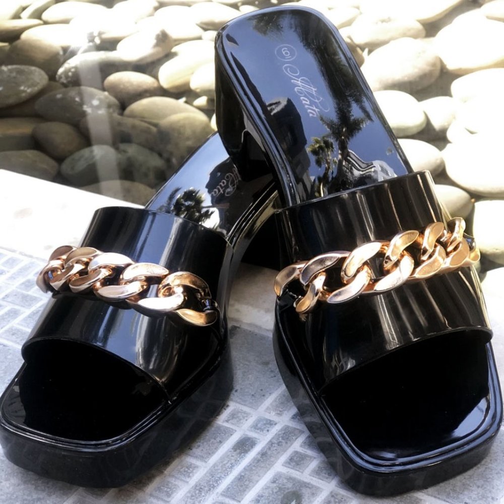 NEW Black Gold Chain Jelly Rubber Block Heel Platform Slip On Slides Sandals - Picture 2 of 10